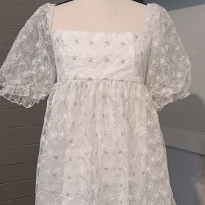 White Lace Puff Sleeve Dress